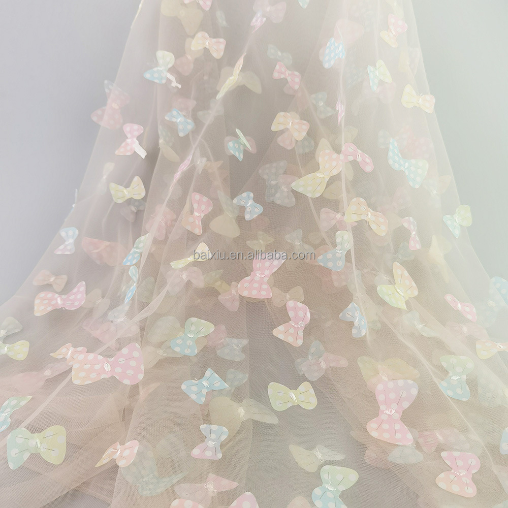 糖果色卡通风格网纱绣花立体3D绣花蝴蝶结网布 新款童装绣花纱