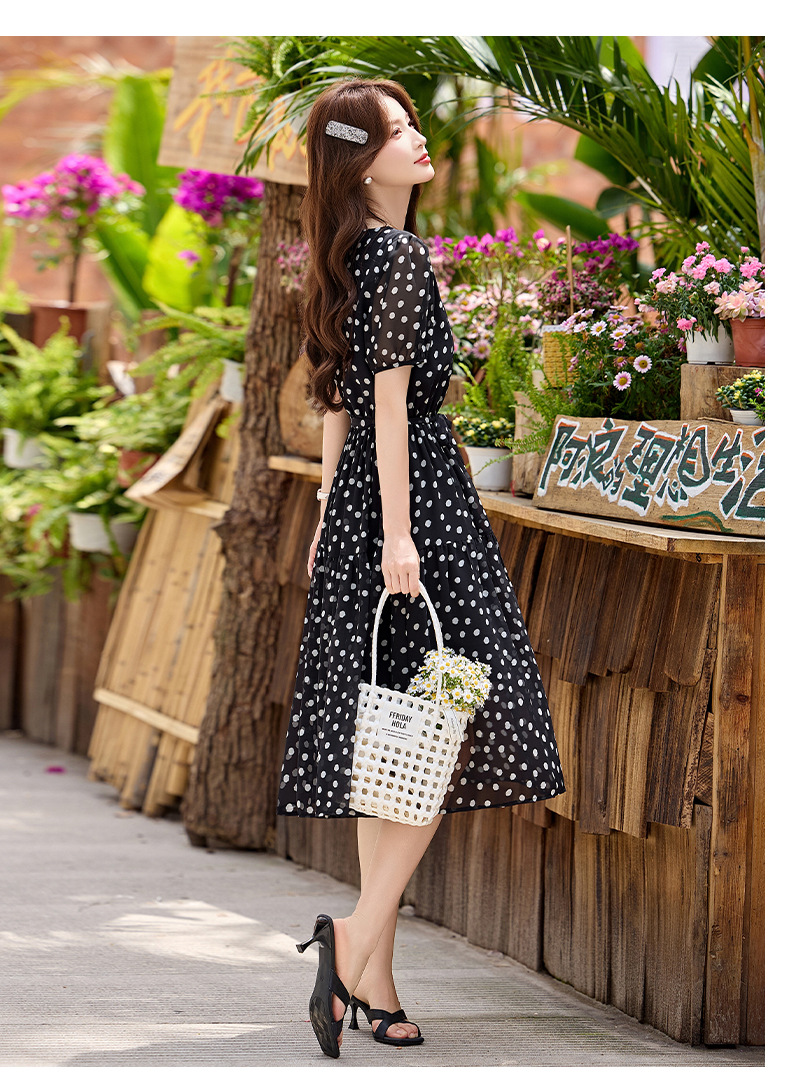 Đầm maxi nữ thắt eo chấm bi tay ngắn phong cách thời trang — màu đen, màu trắng chi tiết 17