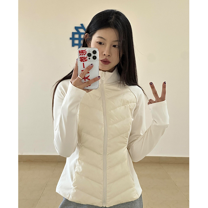 White Ribbed Lightweight down Jacket for Women 2025 New Winter Slim-Fit Waist-Cinching Yoga Coat Inner Layer for Women