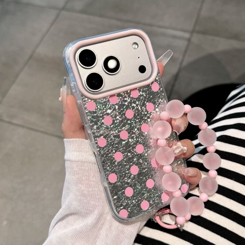Korean-style silver base with black polka dots and glass texture, suitable for iPhone 18 Pro Max, Apple 16 phone case, 17 heart design Korean-style silver base with black polka dots and glass texture, suitable for iPhone 18 Pro Max, Apple 16 phone case, 17 heart design