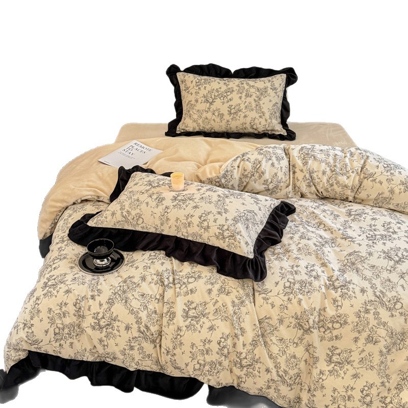 Noordse Franse Vintage Boho Franse stijl Corduroy Vierdelige Luxe Melkfluwelen Prinsessenstijl, Nieuw Model 2026 Hoeslaken, Dekbedovertrek, Beddengoed_voghion.com