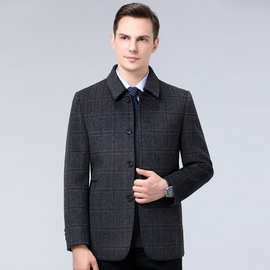 品牌冬新款男式双面呢大衣中老年男装休闲格纹羊毛呢加厚派克外套