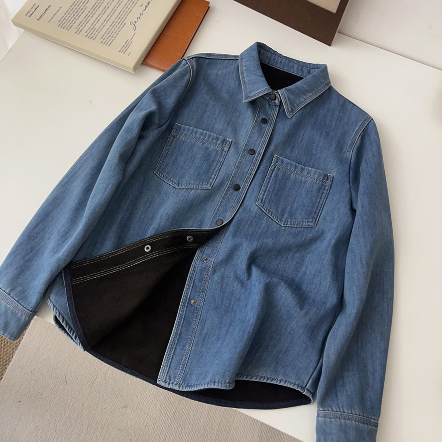 复古牛仔衬衫女小个子秋冬款长袖新款宽松显瘦叠穿一体绒上衣外穿