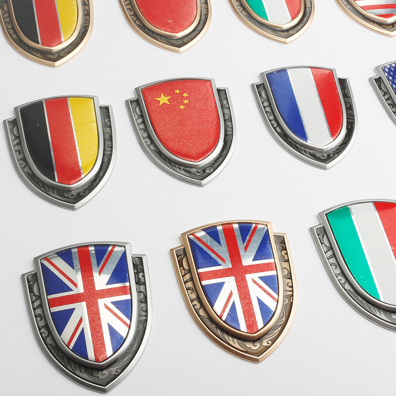 German, British, Italian, American and French Flag Metal Stickers, Patriotic Modified Car Logo Shield Side Logo Body Stickers