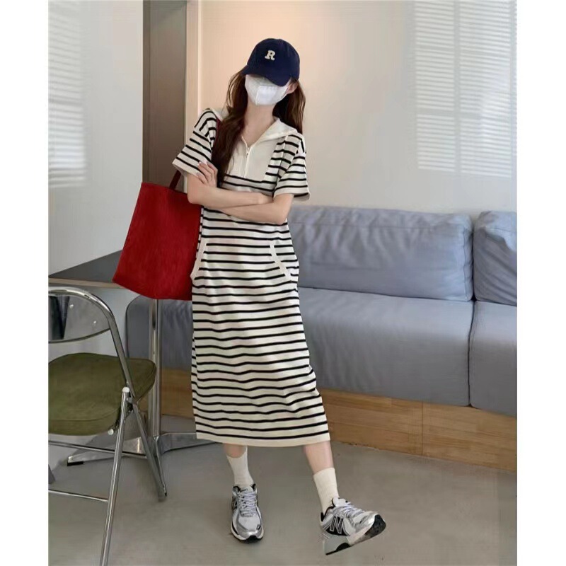 Breastfeeding dress Summer New Maternity Dress Polo Collar Striped Knitted Summer Loose Lazy Style Straight Belly Covering Skirt