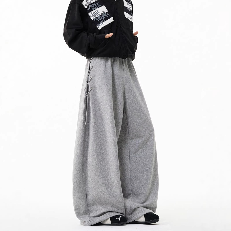 American-style tie-up design sports sweatpants for men and women, spring heavy-weight hiphop flared trousers, retro loose wide-leg pants