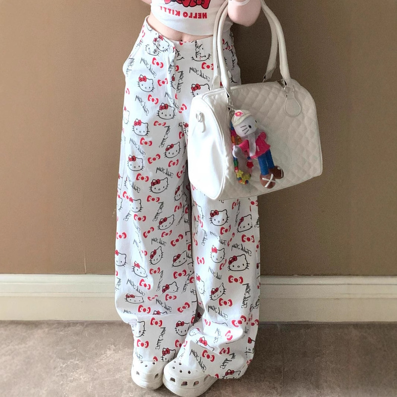 American Retro Full Printed Kitty Cat High Waist Wide Leg Jeans Women's 2025 New Loose Slim-fit Mop Pants