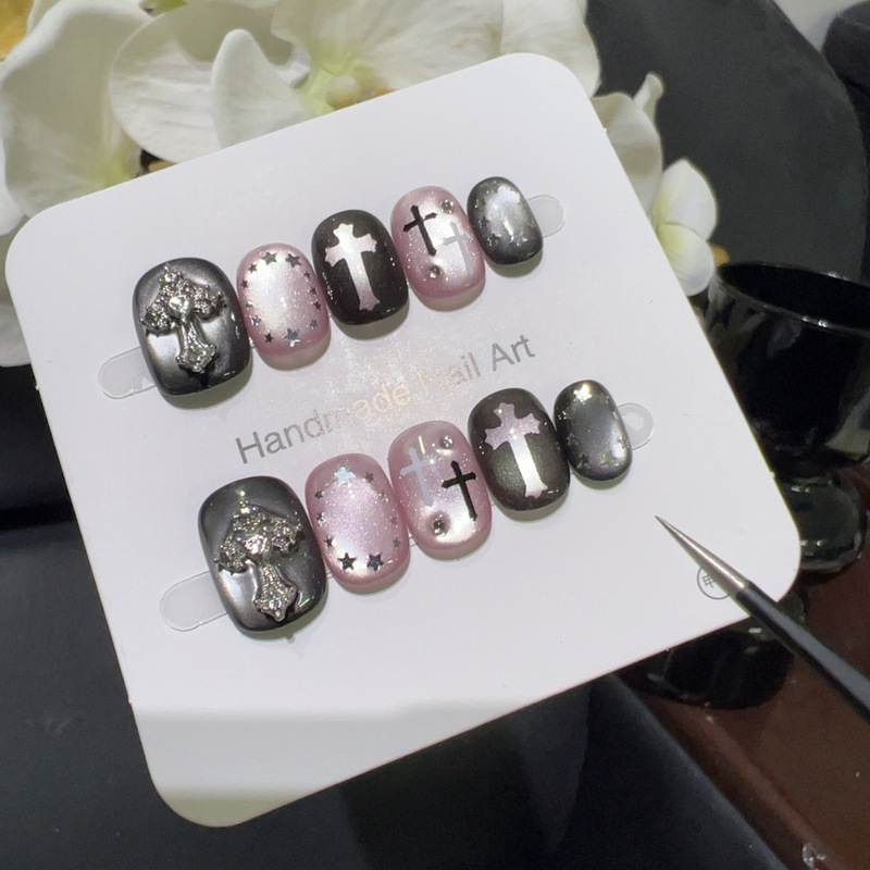 [Black Pink Cross] Sweet and Cool Dark Black Pink Contrast Color Manicure Cross Star Glitter Decoration Handmade Wearable Nails
