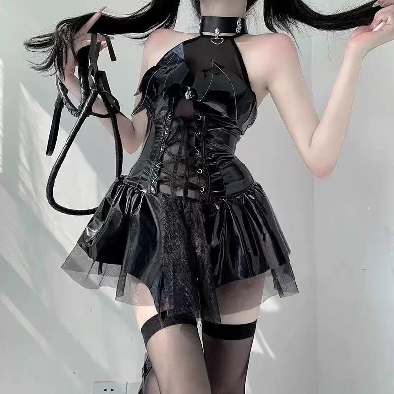 Aifuqu Patent Leather Little Devil Lingerie Set with Neck Ring, Dress and T-Pants — detail image 15