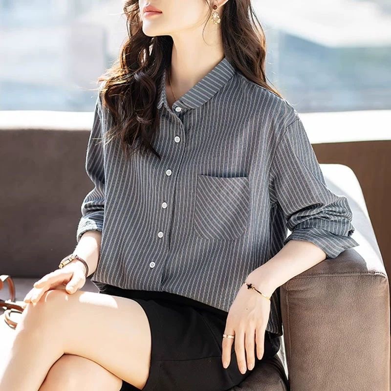 Striped Long-Sleeve Shirt for Women, Autumn Blouse with Pockets, Plus Size, Age-Reducing, Hot-Selling Cross-Border Foreign Trade