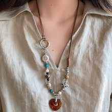 陶瓷石头串珠爱心吊坠项链复古轻奢高级感锁骨链小众简约百搭项饰