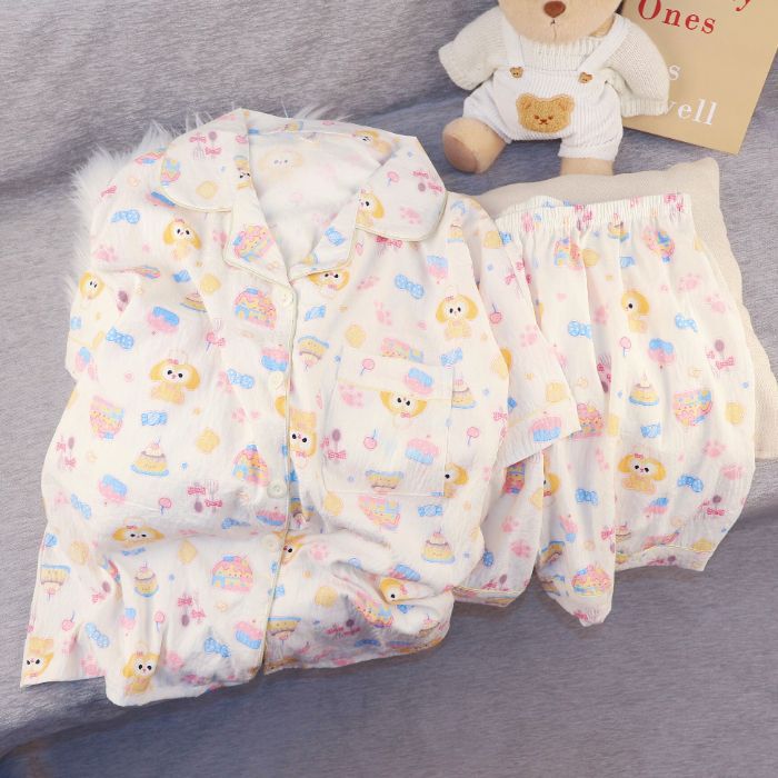 Pijamas de algodón nubes al por mayor transfronterizos de mujeres pantalones cortos de mangas cortas de verano nuevos cardigans con solapas de dibujos animados lindos cubiertas de ropa para el hogar