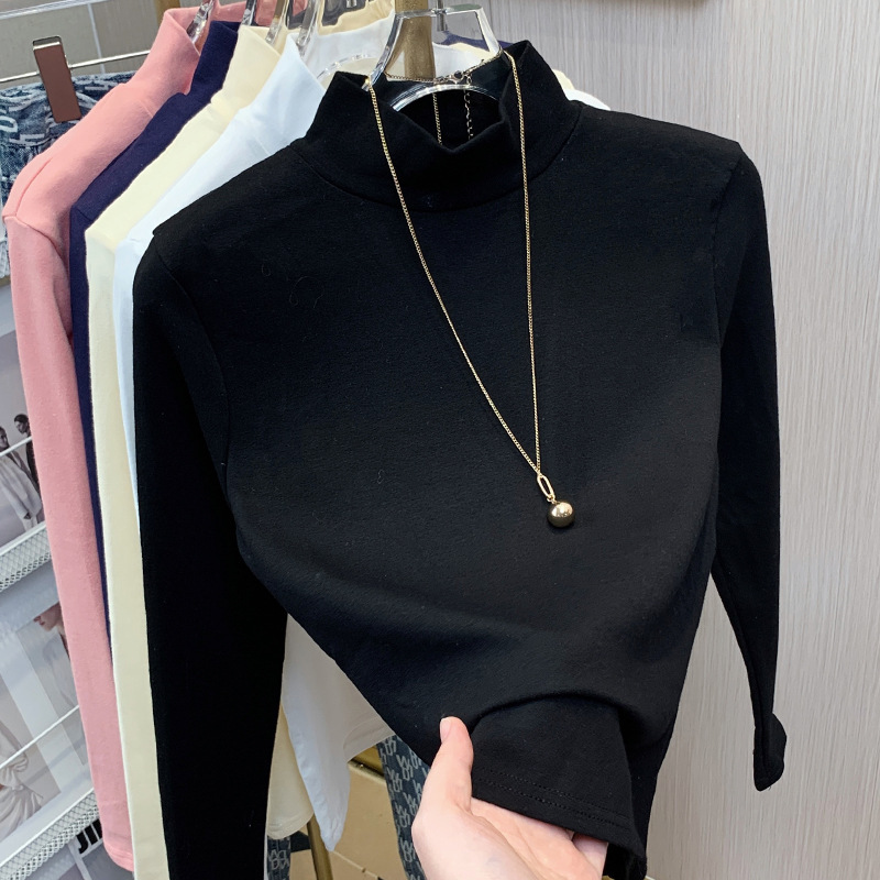 Solid color slim-fit mid-neck long sleeve T-shirt women's autumn and winter close-fitting with a half-turtleneck base shirt on the style of standing collar clothes