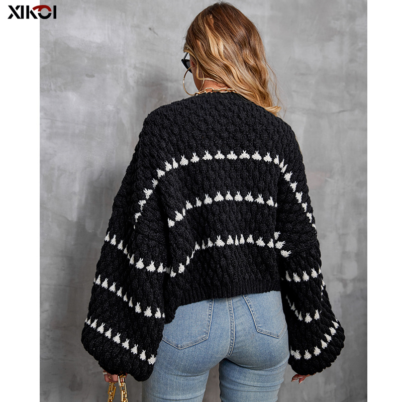 Women's Clothing Striped round neck pullover thick needle sweater women's loose lazy style new long sleeved knitted sweater top trend_voghion.com