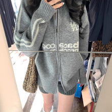 HUOTONG棒球风翻领拉链毛衣开衫女外套秋装新款韩版宽松针织衫