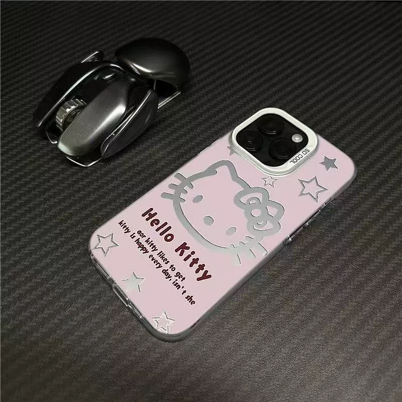 Чехол для телефона Hello Kitty, совместим с iPhone 13–17, IMD серебристый/розовый, мягкая рамка ТПУ