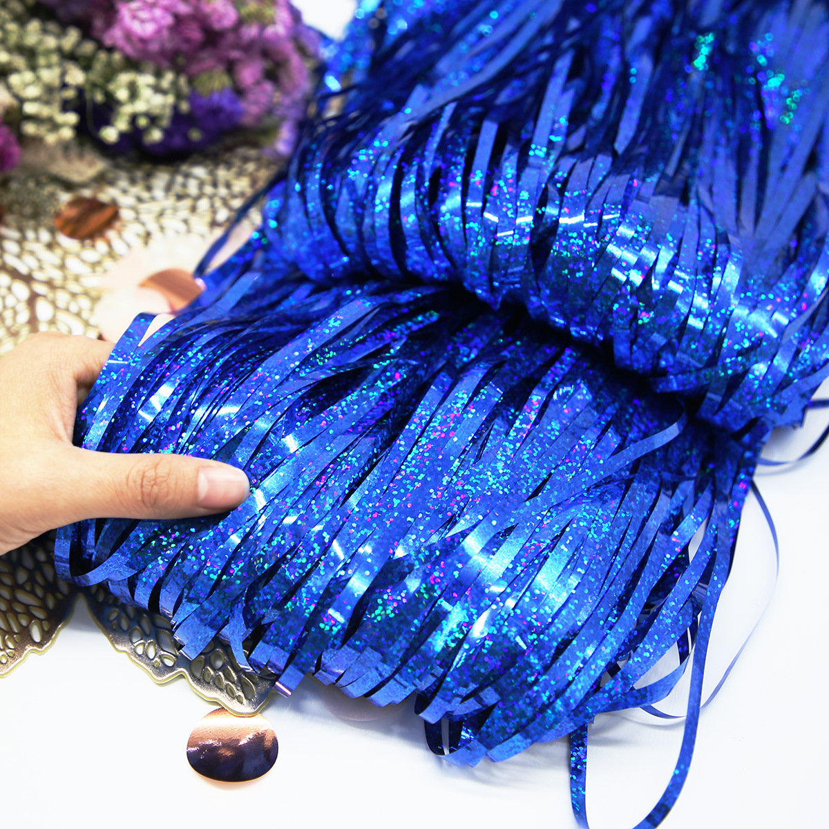 Nueva tira vertical láser de Amazon 2 metros cortina de seda de lluvia decoración pared de fondo fiesta de cumpleaños conjunto de festivales de Navidad