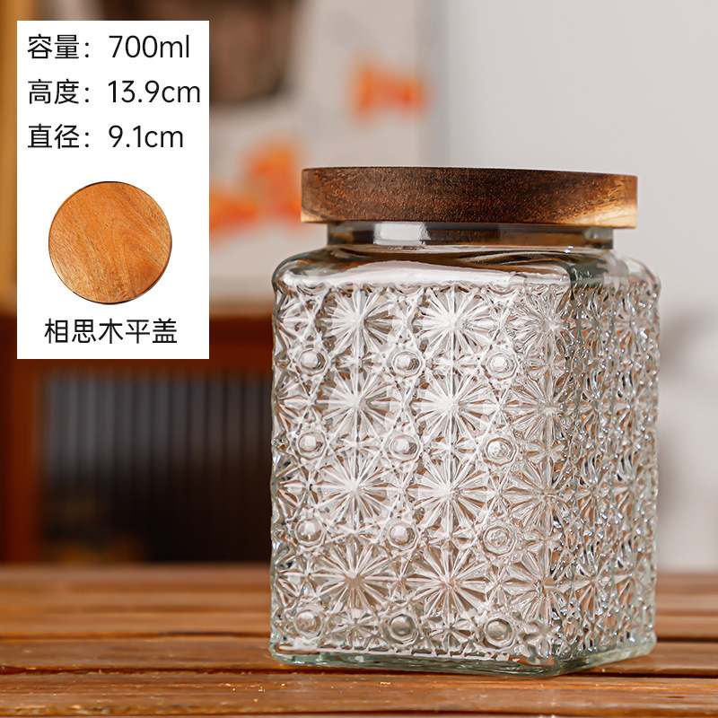 Hogar vintage Begonia flor realzada snack caramelo almacenamiento tarro bambú cubierta americana cocina transparente vidrio sellado frasco