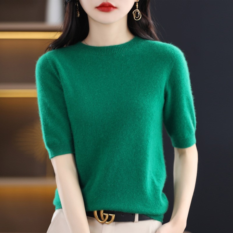 ニット半袖薄手トップスレディース Tシャツ 2025 春と秋の半袖ウールボトムシャツラウンドネックミッドスリーブルーズ卸売|undefined