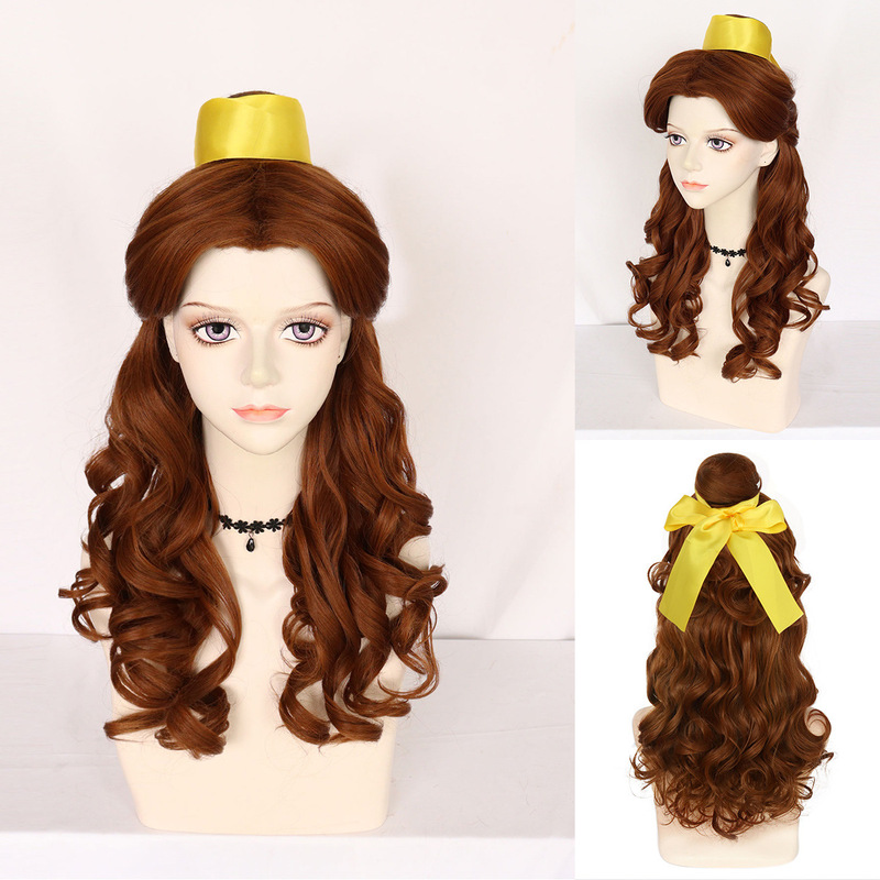 Beauty and the Beast Belle Princess Cute Bud Half-Tie Marubeni Head Girl Brown Long Curly Hair cos Wig