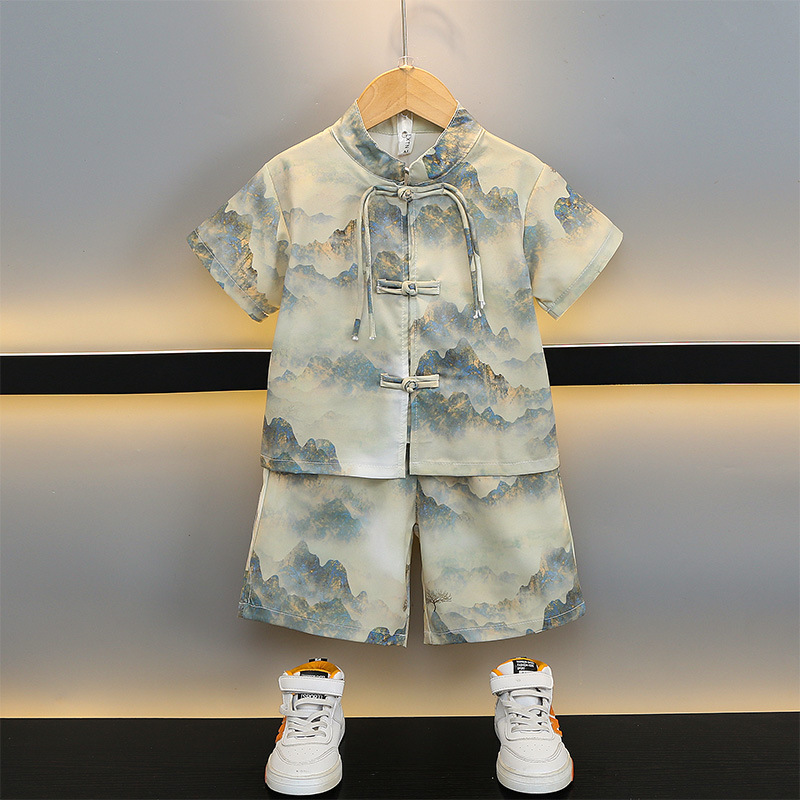 5005 nuevo traje de manga corta de verano para niños de estilo chino delgado 2025 nueva ropa para niños estilo de verano para bebés ropa de estilo nacional