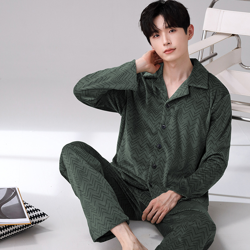 아일랜드 벨벳 가디건 인 가을 겨울 잠옷 남성용 옷깃 긴팔 바지 간단한 가정 의류 세트 외부 착용 가능