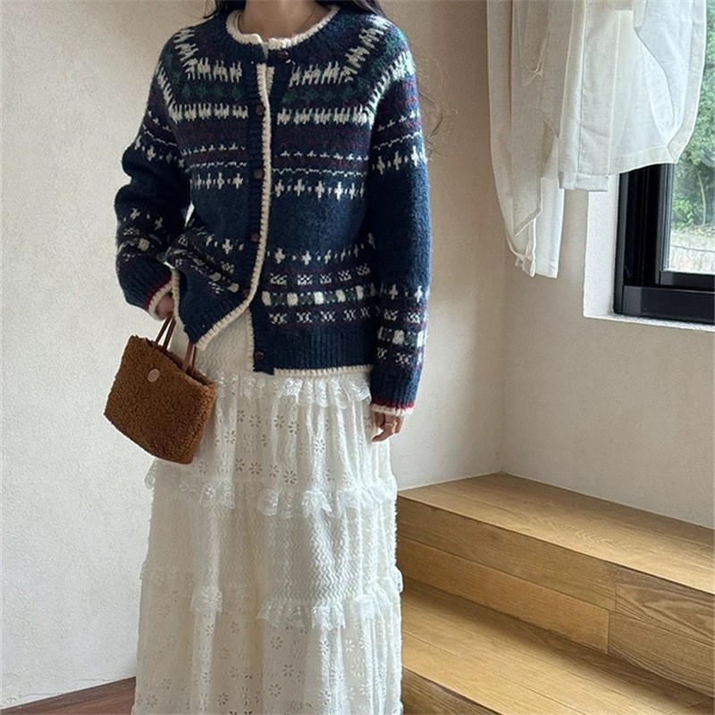 韩版复古针织毛衣外套女秋冬季2025新款提花宽松显瘦排扣长袖上衣|undefined