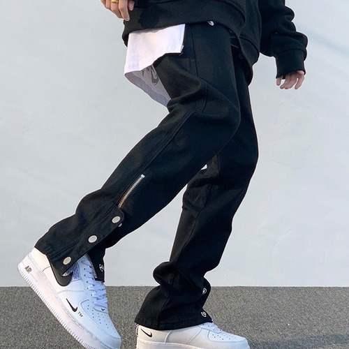 Men's Black High Street Pants, Ins Hip-Hop Trendy Tapered Zipper Split Button Denim Streetwear Brand Casual Straight Leg Pants