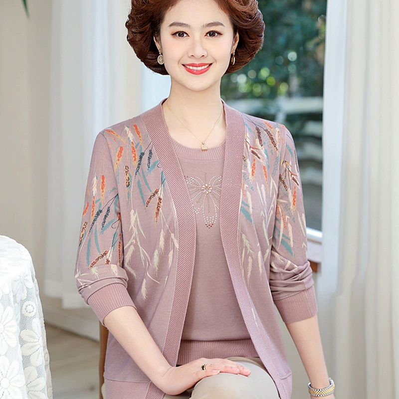 Весенний свитер для среднего и пожилого возраста, кардиган, женский свитер из двух частей для мамы, свободная старая одежда в западном стиле