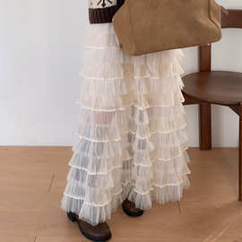 26春夏 重工多层 网纱 仙女蛋糕裙 蕾丝中长款显瘦蓬蓬半身裙1015