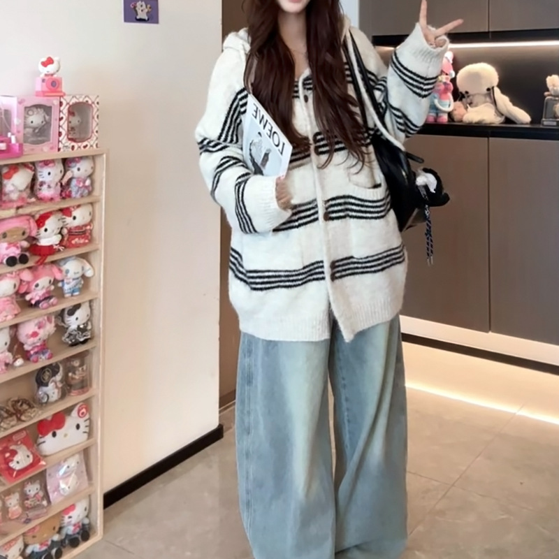 软糯慵懒风拼色条纹连帽2025秋冬毛衣女长袖宽松大码针织开衫外套|undefined