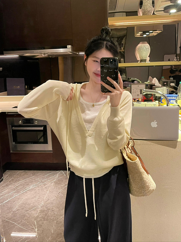 藏青色设计感假两件连帽针织衫女早秋韩系薄款慵懒风卫衣t恤上衣|undefined