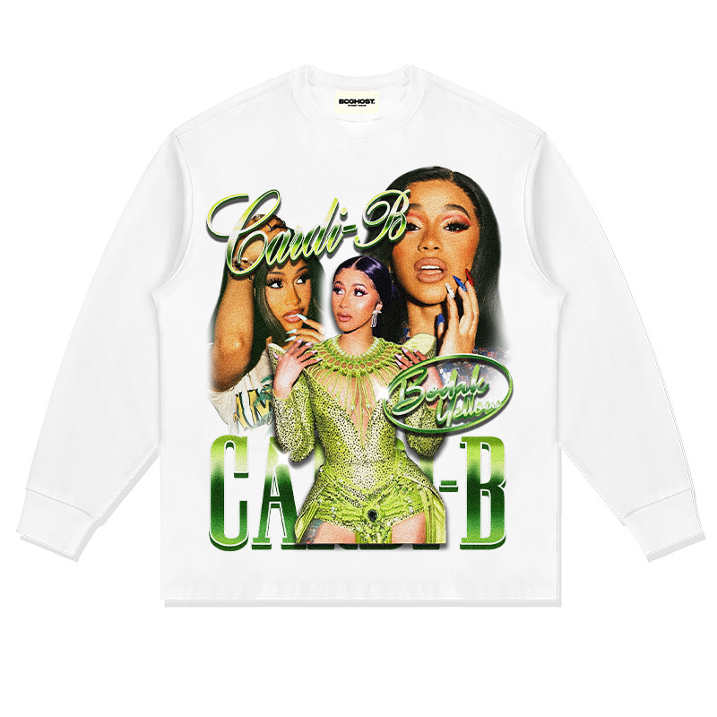 Tarjeta hermana Cardi B Europa y América hip-hop rap americano street hip-hop marca de moda estampado retro desgastado lavado manga corta