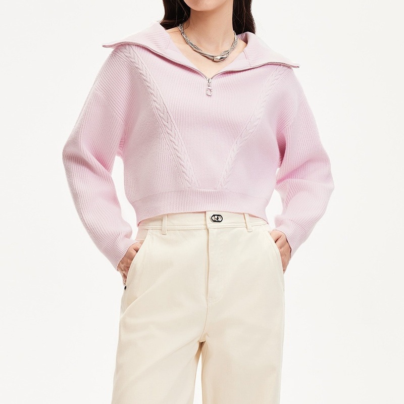 欧美短款针织女衫2025秋冬新款纯色麻花长袖立领拉链套毛衣外套|undefined