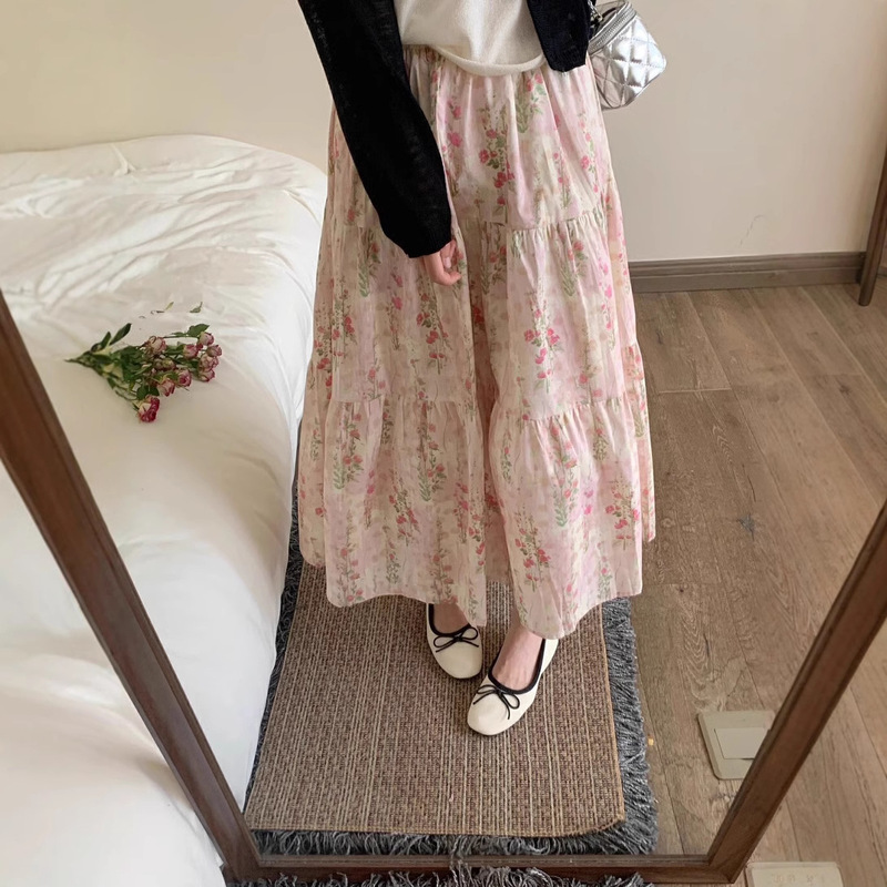 Floral Pleated Skirt for Women, Autumn Elastic High-Waisted Slimming A-Line Skirt, Mid-Length Versatile Drapey Flared Skirt