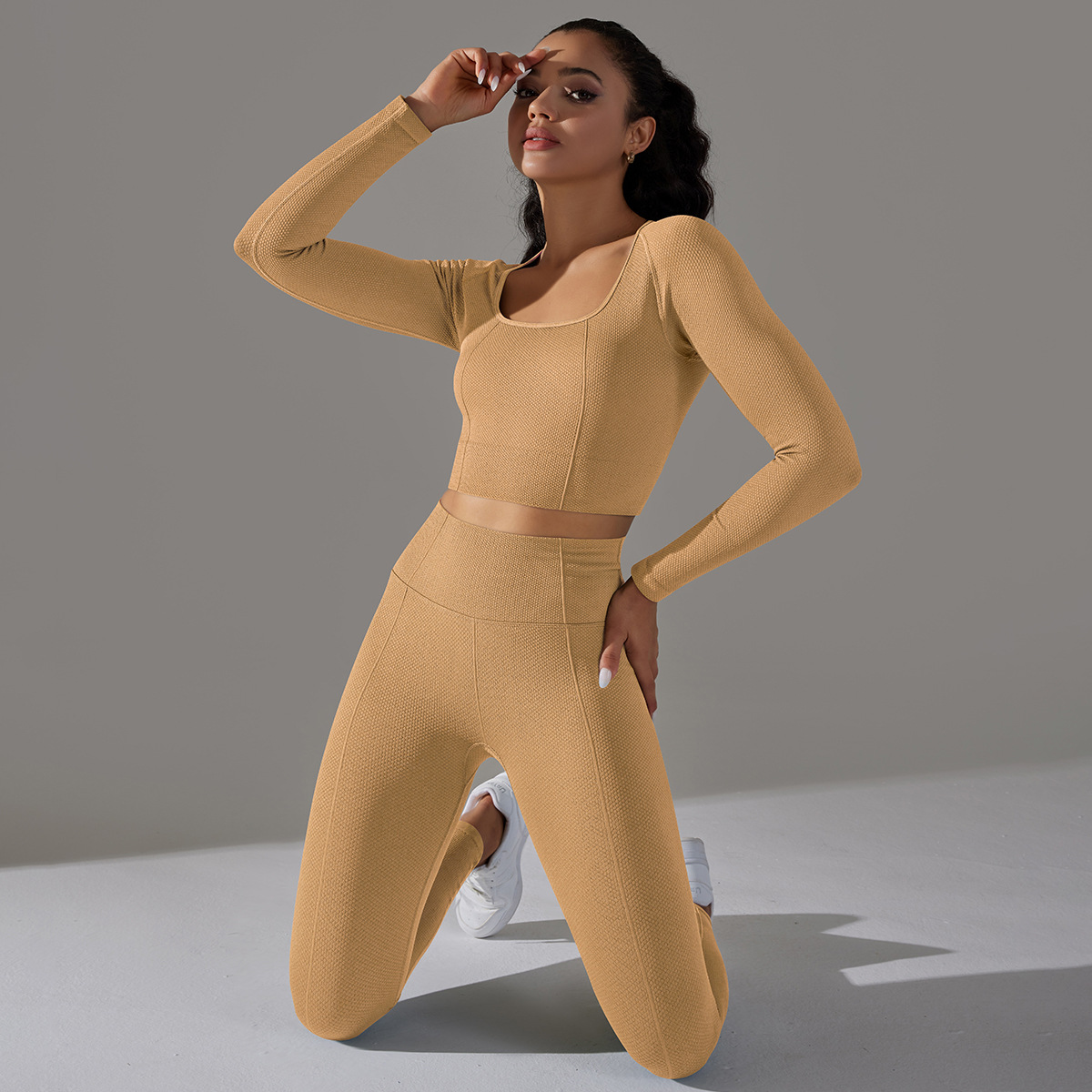Rochie de yoga Jacquard pentru femei, cu mânecă lungă, talie înaltă, colanți de șold, îmbrăcăminte sport pentru fitness_voghion.com