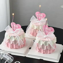 2024母亲节妈妈生日我爱你粉色蛋糕装饰爱心插牌珍珠蝴蝶结丝带