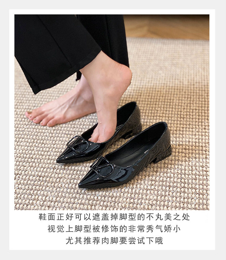 Giày bệt nữ mũi nhọn nhỏ, khóa chữ V, cổ thấp, đế bằng, phong cách tiểu thư, phù hợp xuân hè — màu đen, màu đỏ chi tiết 8