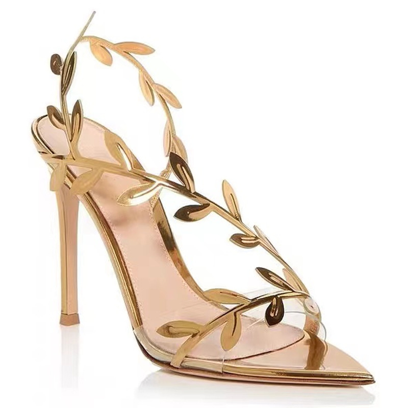 Manufacturer Dropshipping High-Heeled Sandals, Gold Branches and Jade Leaf High-Heeled Sandals, Non-Slip Stiletto Pointed Toe Gold High-Heeled Sandals
