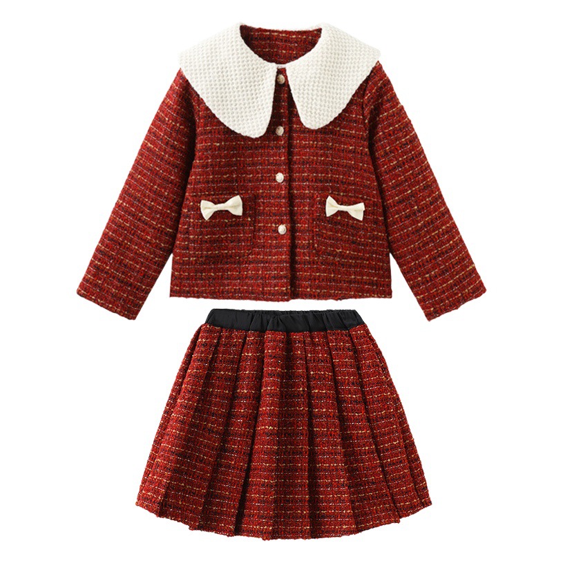 Ropa de otoño e invierno para niñas 2023 nueva Navidad Año Nuevo collar de muñeca Chaqueta de punto falda conjunto de dos piezas traje de niños medio y grande