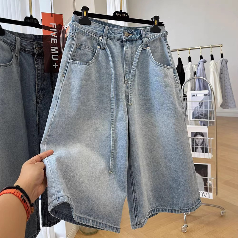 Plus-Size Women's Extra-Large Size 150kg Drawstring Loose Wide-Leg Casual Denim Pants for Summer Wear, Six-Point or Seven-Point Length Pants Plus-Size Women's Extra-Large Size 150kg Drawstring Loose Wide-Leg Casual Denim Pants for Summer Wear, Six-Point or Seven-Point Length Pants