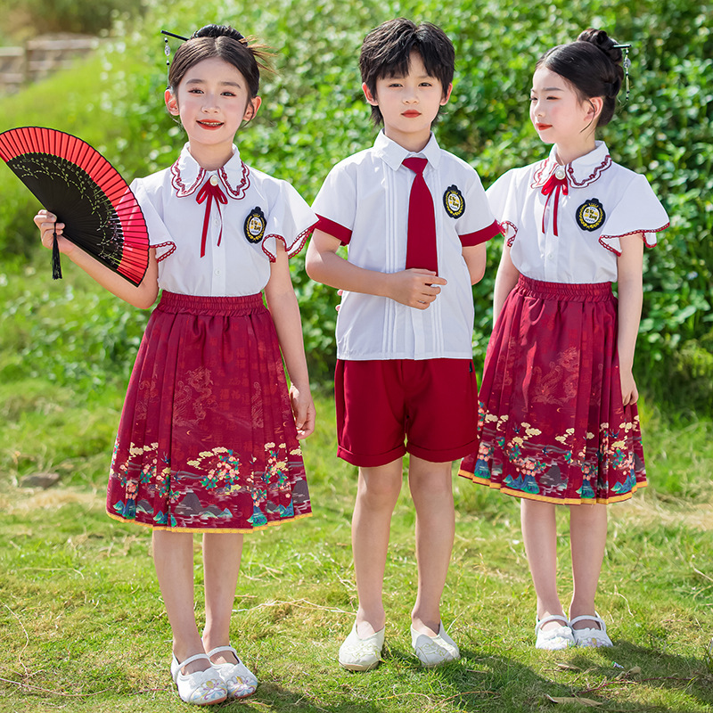 中國風漢服馬面裙六一兒童演出服國潮唐裝明制兄妹裝合唱襯衫套裝