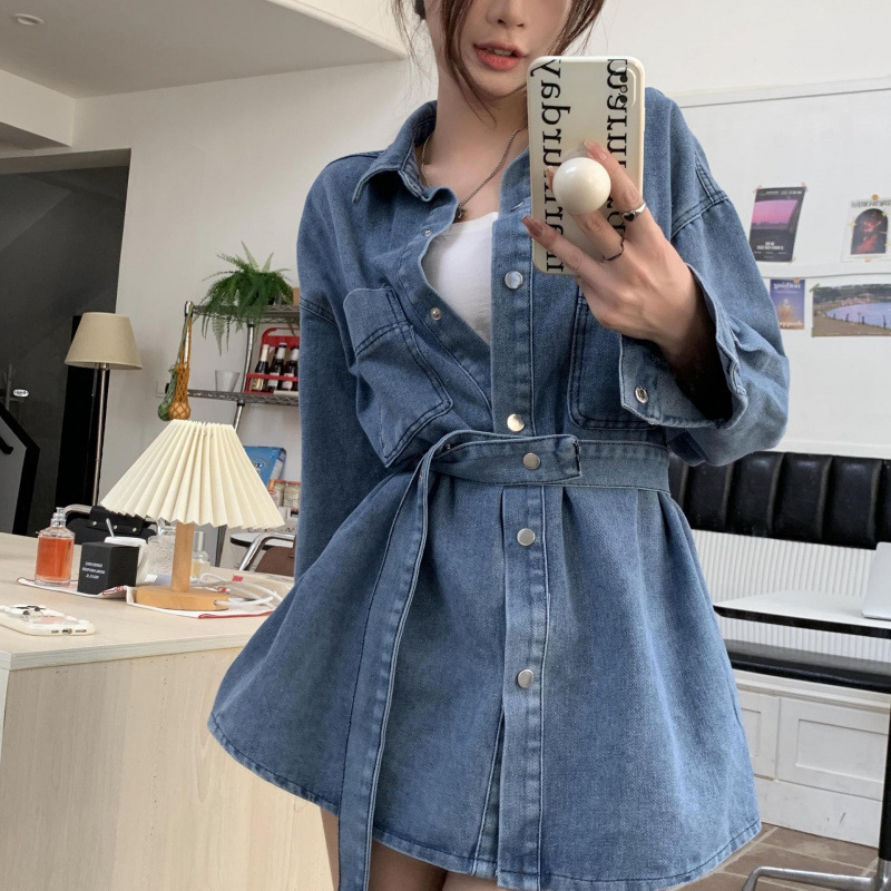 Hong Kong Style Shirt, Slim Fit, Mid-Length, with Belt, Women's Slimming, Elegant, Lapel, High-End, Thin, Unique Denim Dress