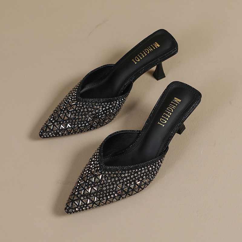 2026 nueva red de verano infrarroja con zapatillas de talón alto de diamante, zapatillas de cabeza de punta de mujer, zapatillas de media cabeza de paquete image 9