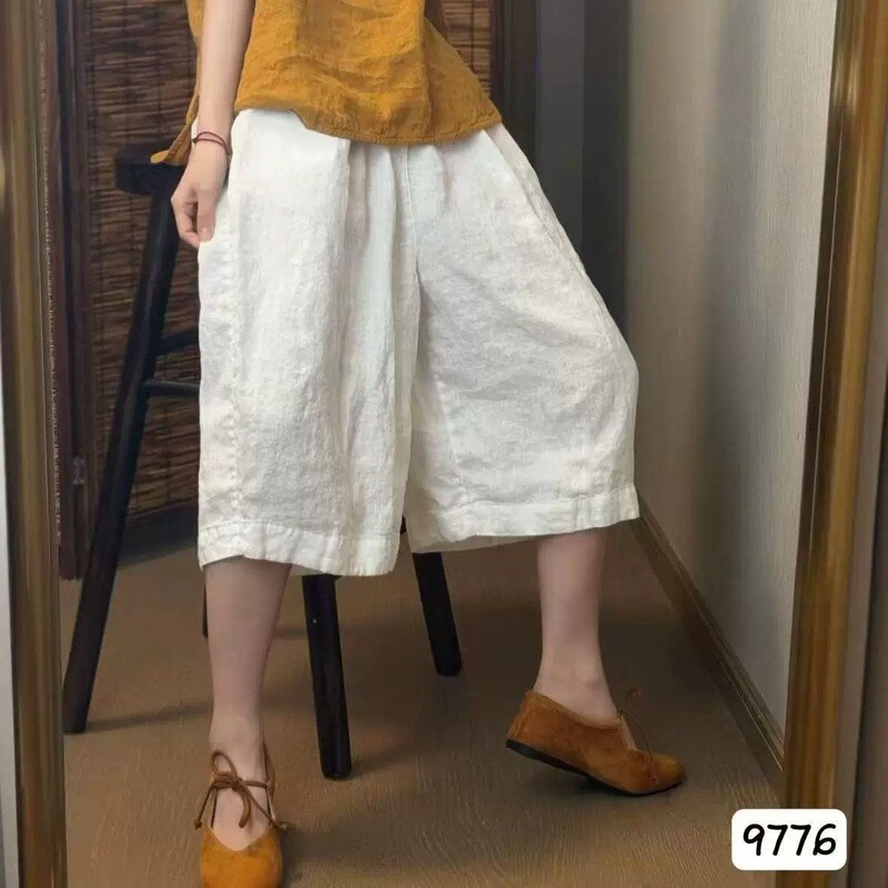 Vintage Cotton and Linen Summer New Solid Color Elastic Waist Drawstring Loose Straight Wide-Leg Slimming Casual Cropped Pants for Women Vintage Cotton and Linen Summer New Solid Color Elastic Waist Drawstring Loose Straight Wide-Leg Slimming Casual Cropped Pants for Women