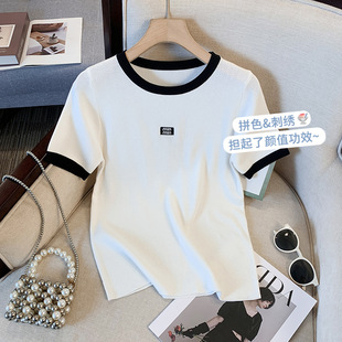 2024 New Versatile Round Neck Color-blocked Ice Silk Shirt for Women Spring and Summer Fashionable Embroidered Ice Silk Knitwear Top