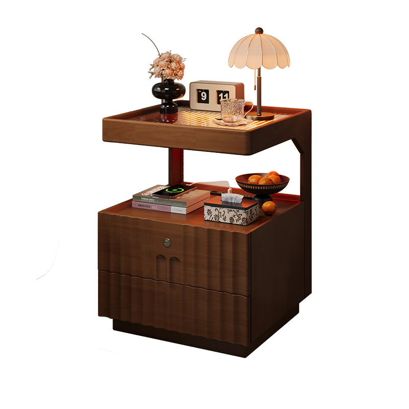 Mesita de noche de estilo antiguo de madera maciza Dormitorio doméstico 2025 estilo explosivo con cerradura Armario de almacenamiento de cabecera de alta gama de lujo ligero