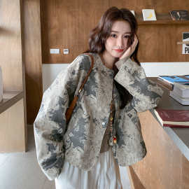 水墨画提花新中式外套女2026春季新款短小个子复古设计感小众上衣