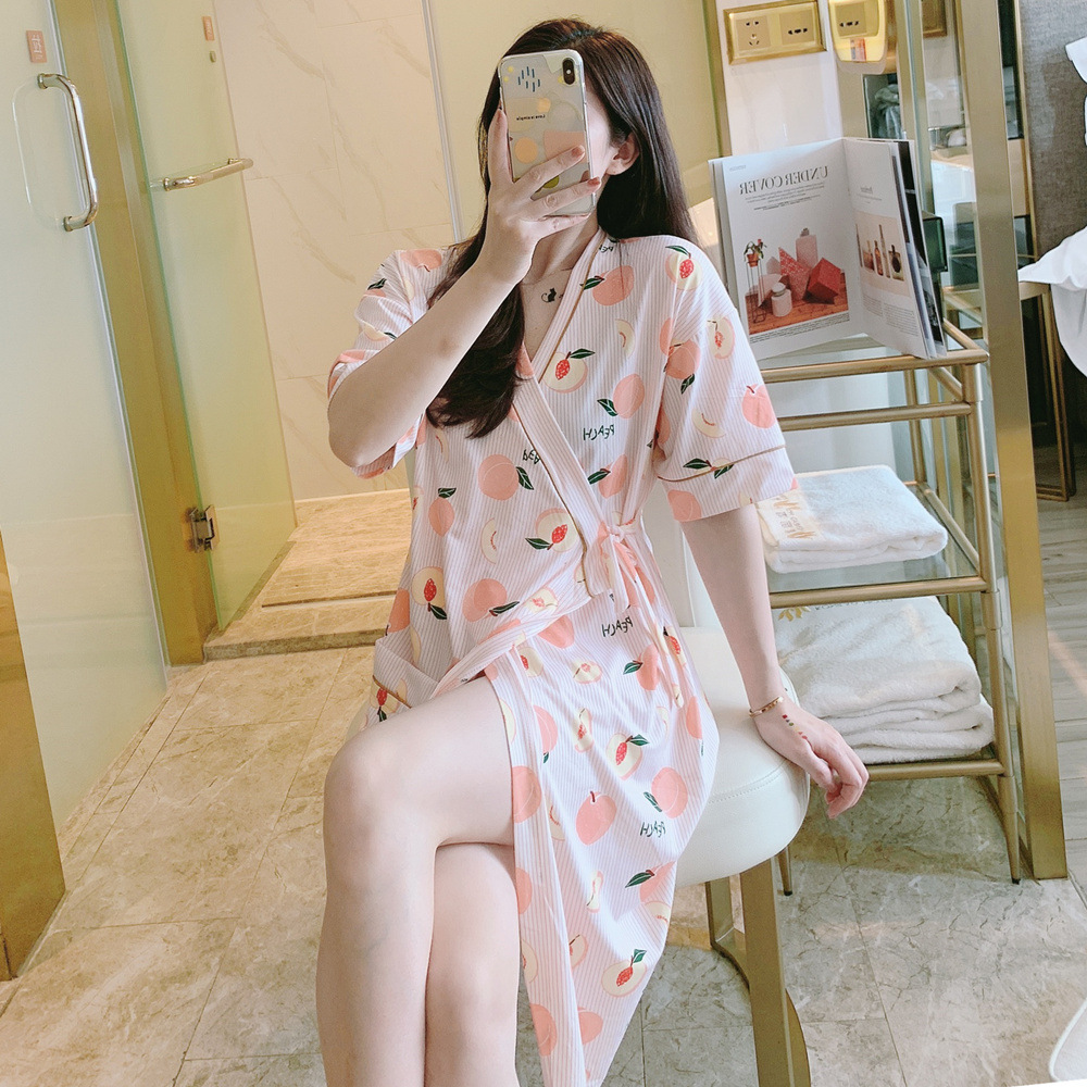 Cross-border pajamas for women summer thin milk silk short-sleeved kimono nightgown sweet and cute cartoon casual bathrobe wholesale
