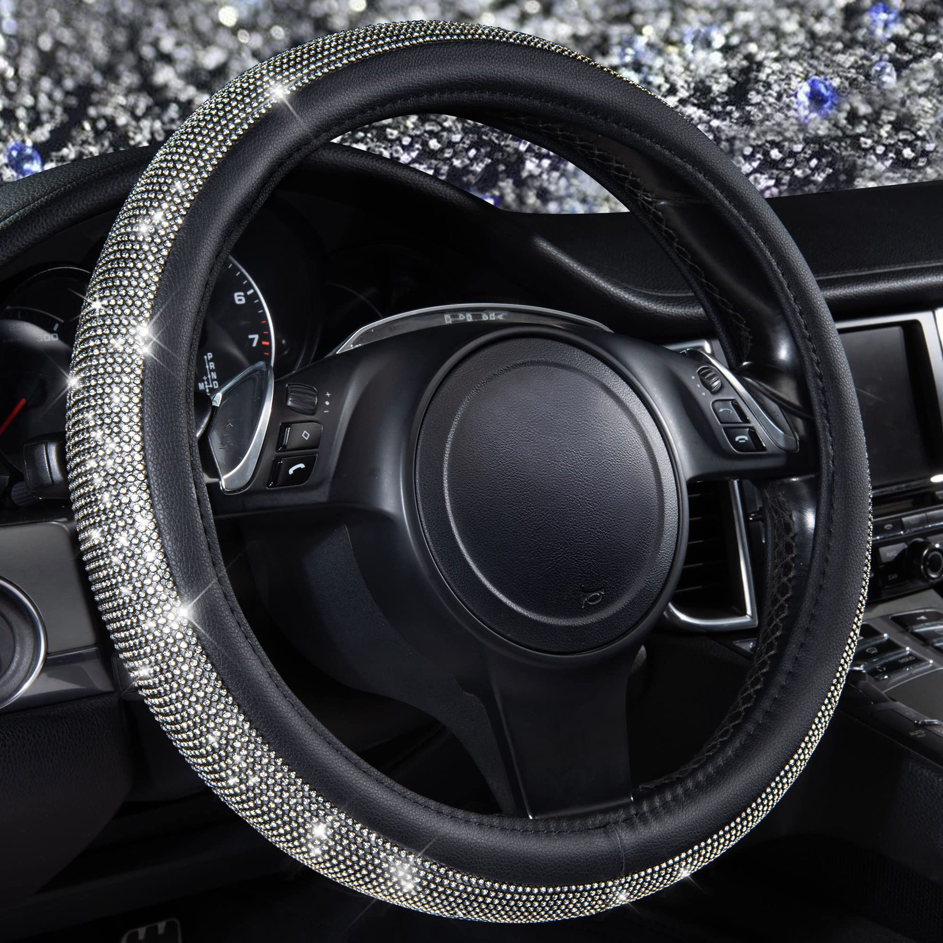 Source Factory Cross-Border Rhinestone-Embellished Leather Steering Wheel Cover Amazon Hot-Selling Rhinestone Car Steering Wheel Cover with Inner Ring and Rhinestones